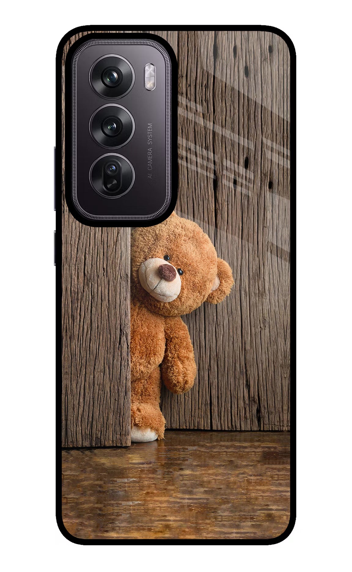 Teddy Wooden Oppo Reno12 Pro 5G Glass Case Back Cover by Casekaro