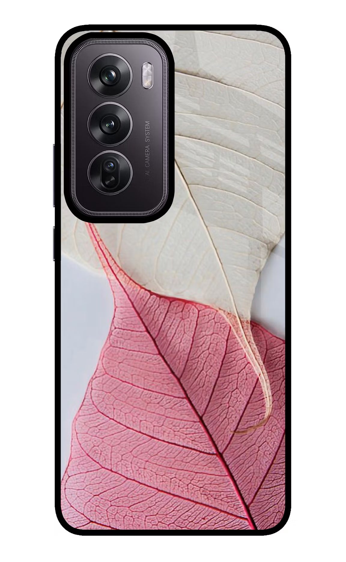 White Pink Leaf Oppo Reno12 Pro 5G Glass Case Back Cover by Casekaro
