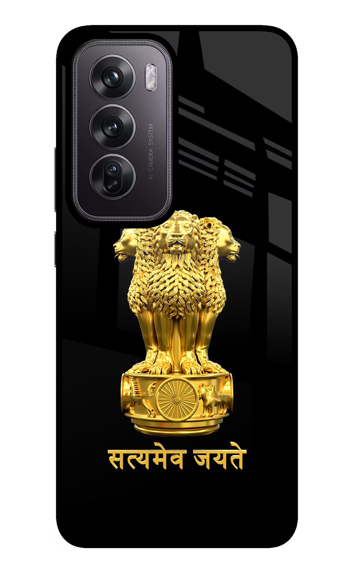Satyamev Jayate Golden Oppo Reno12 Pro 5G Glass Case Back Cover by Casekaro