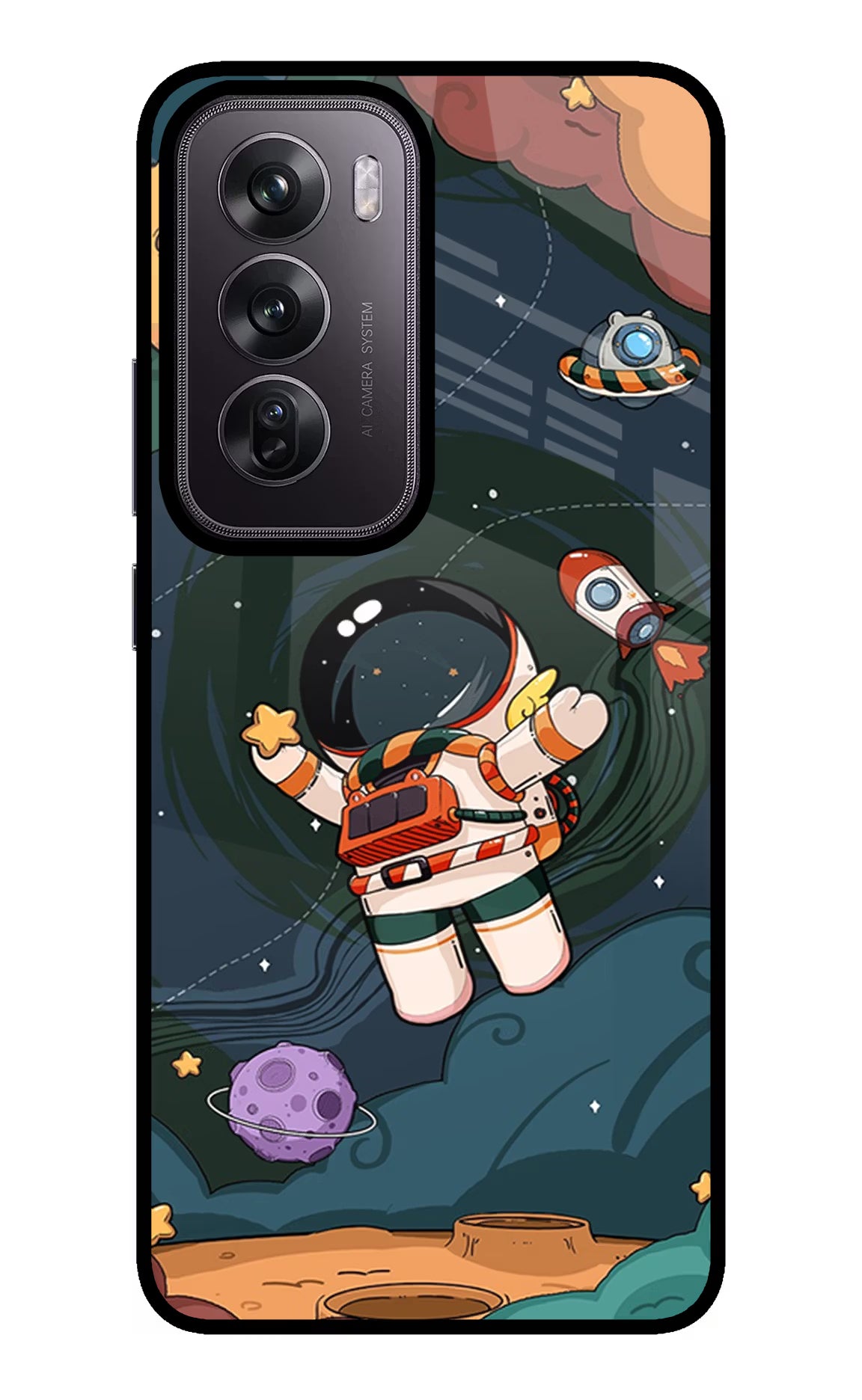 Cartoon Astronaut Oppo Reno12 Pro 5G Glass Case Back Cover by Casekaro
