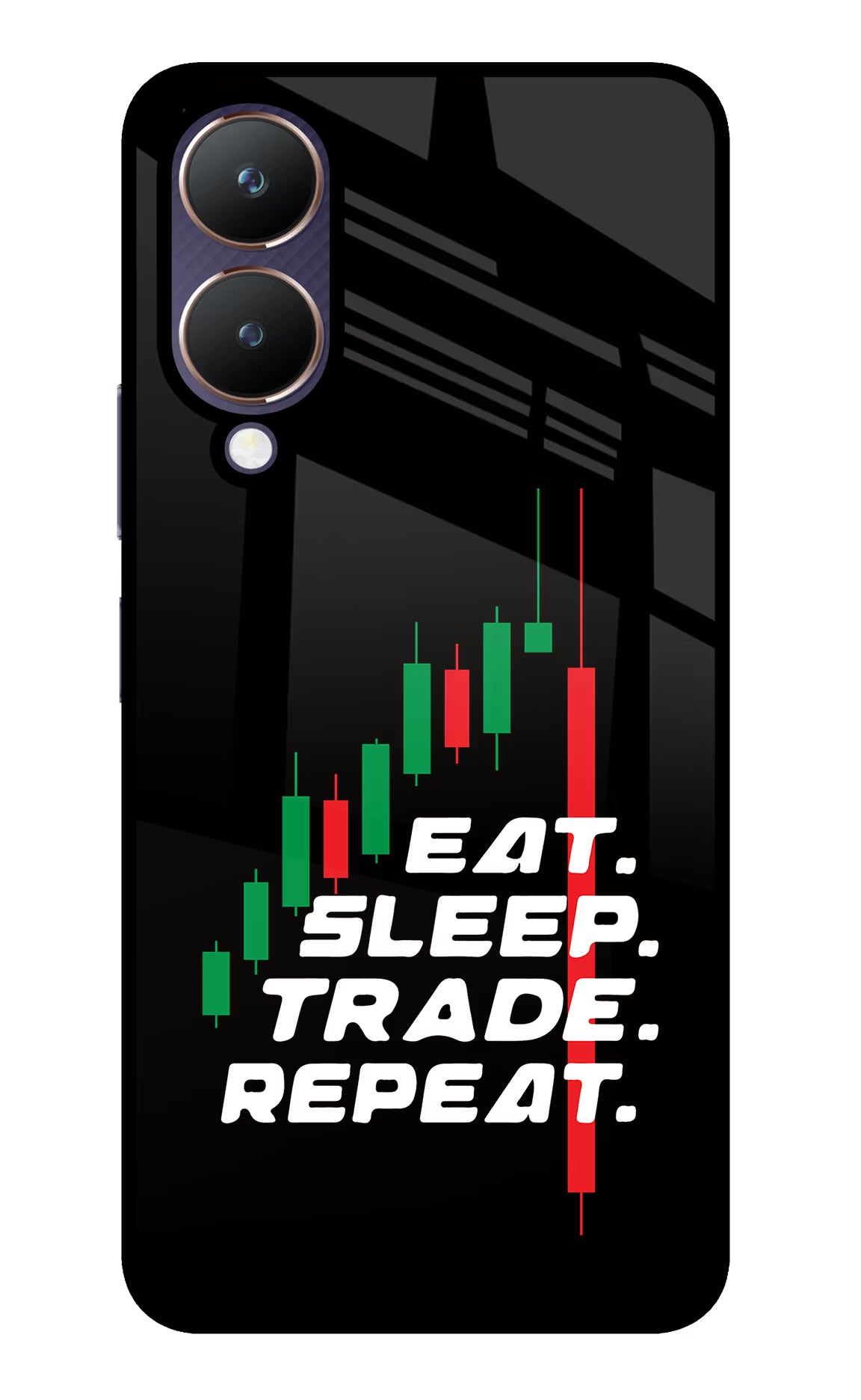 Eat Sleep Trade Repeat Vivo Y28 5G Glass Case Back Cover by Casekaro