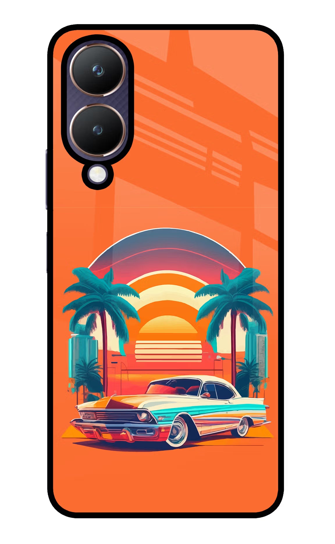Palm Drive 80s Vivo Y28 5G Glass Case Back Cover by Casekaro