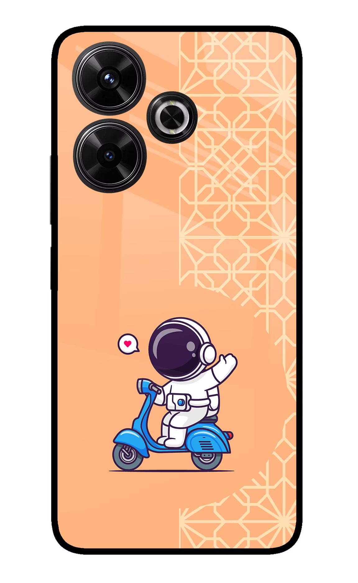 Cute Astronaut Riding Redmi 13 5G Glass Case Back Cover by Casekaro