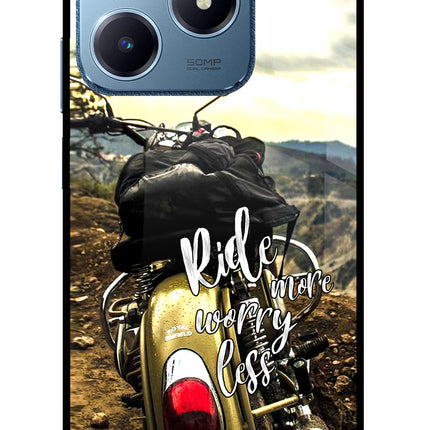 Ride More Worry Less Realme C63 Glass Case Back Cover by Casekaro