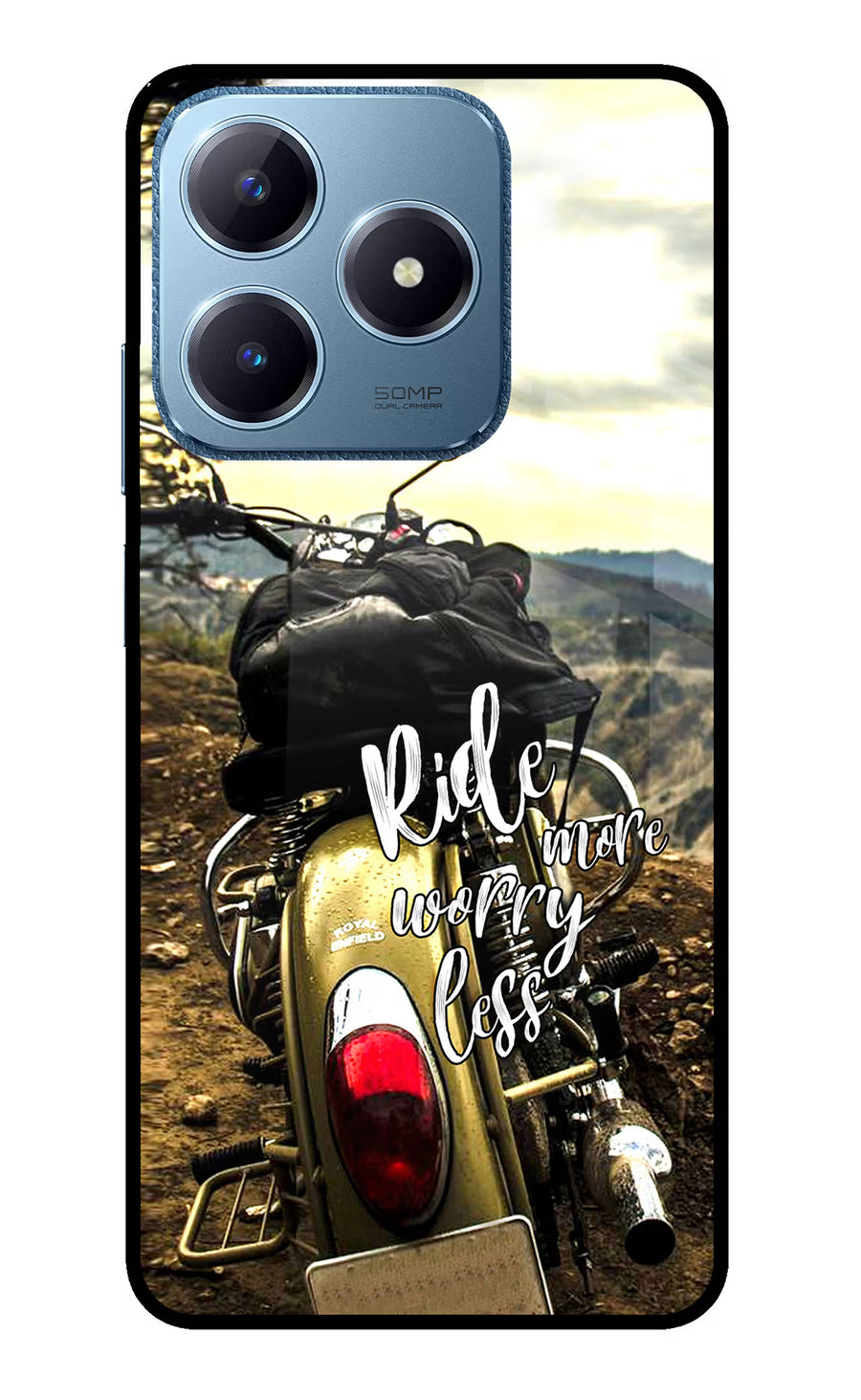 Ride More Worry Less Realme C63 Back Cover, Glass case