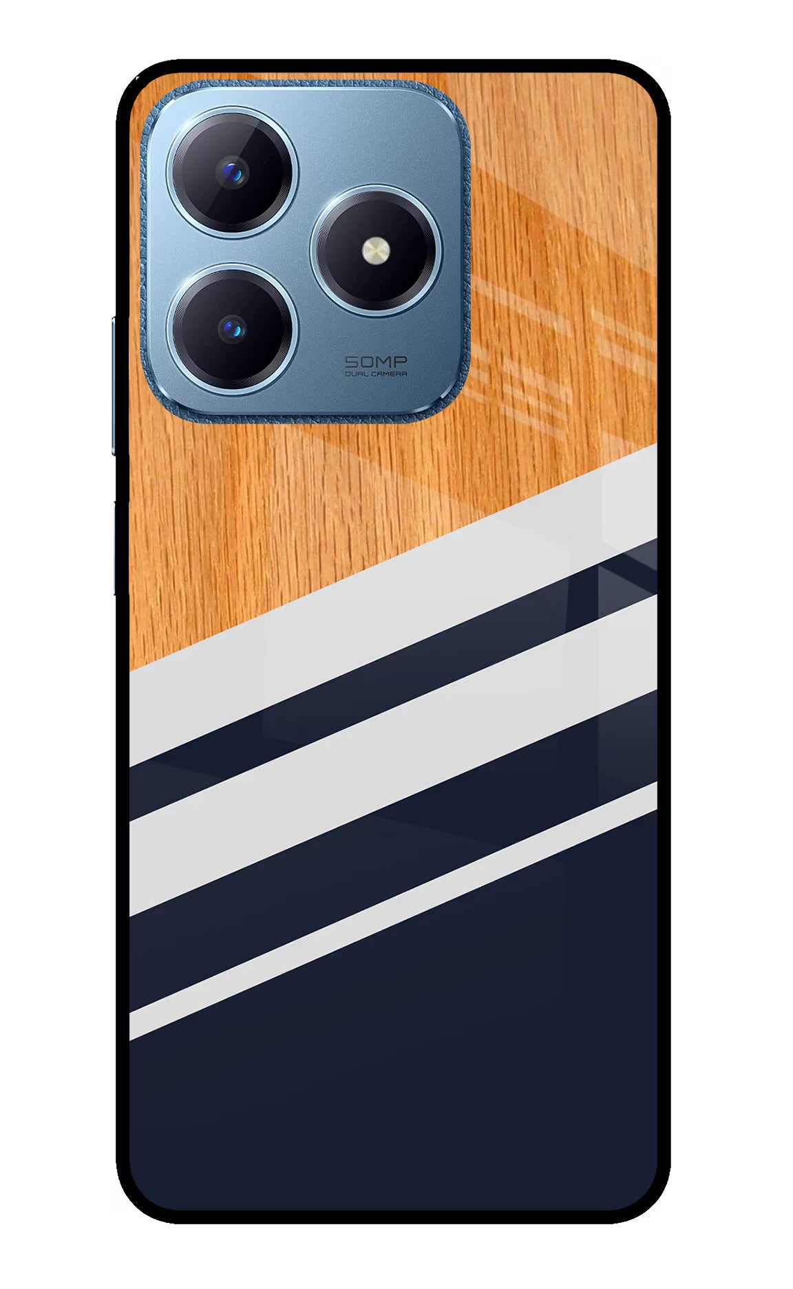 Blue and white wooden Realme C63 Glass Case