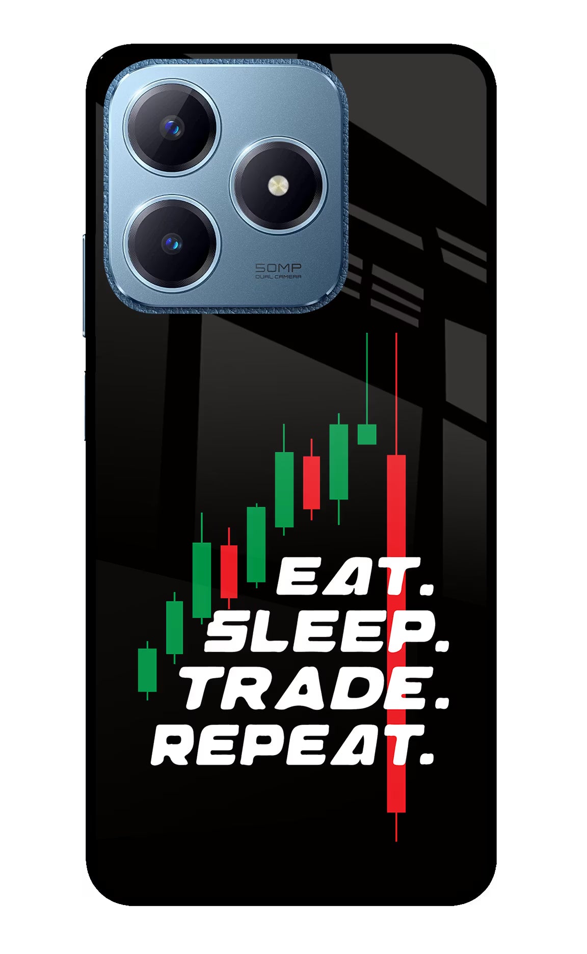 Eat Sleep Trade Repeat Realme C63 Glass Case Back Cover by Casekaro