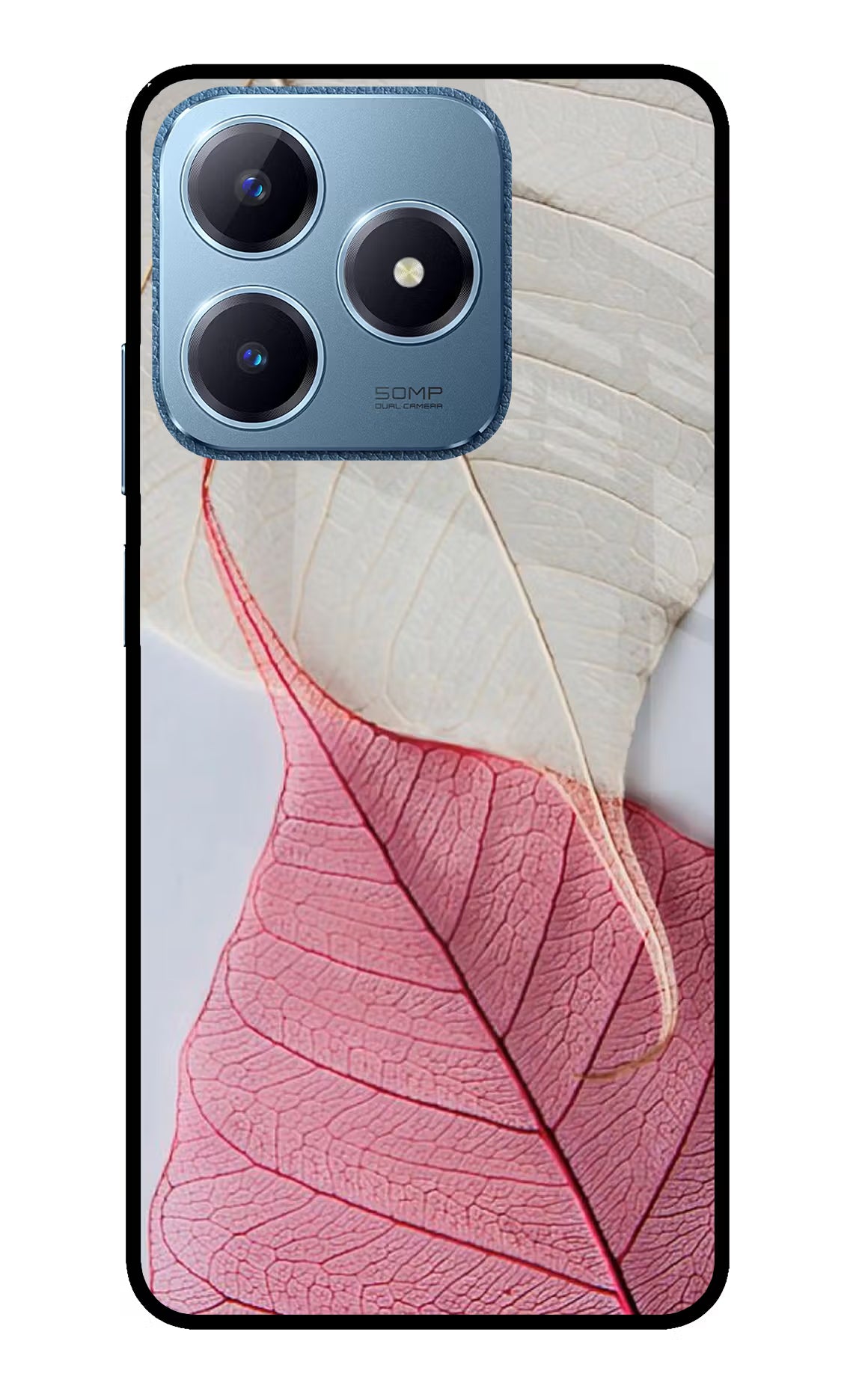 White Pink Leaf Realme C63 Glass Case Back Cover by Casekaro