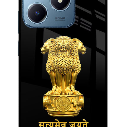 Satyamev Jayate Golden Realme C63 Glass Case Back Cover by Casekaro