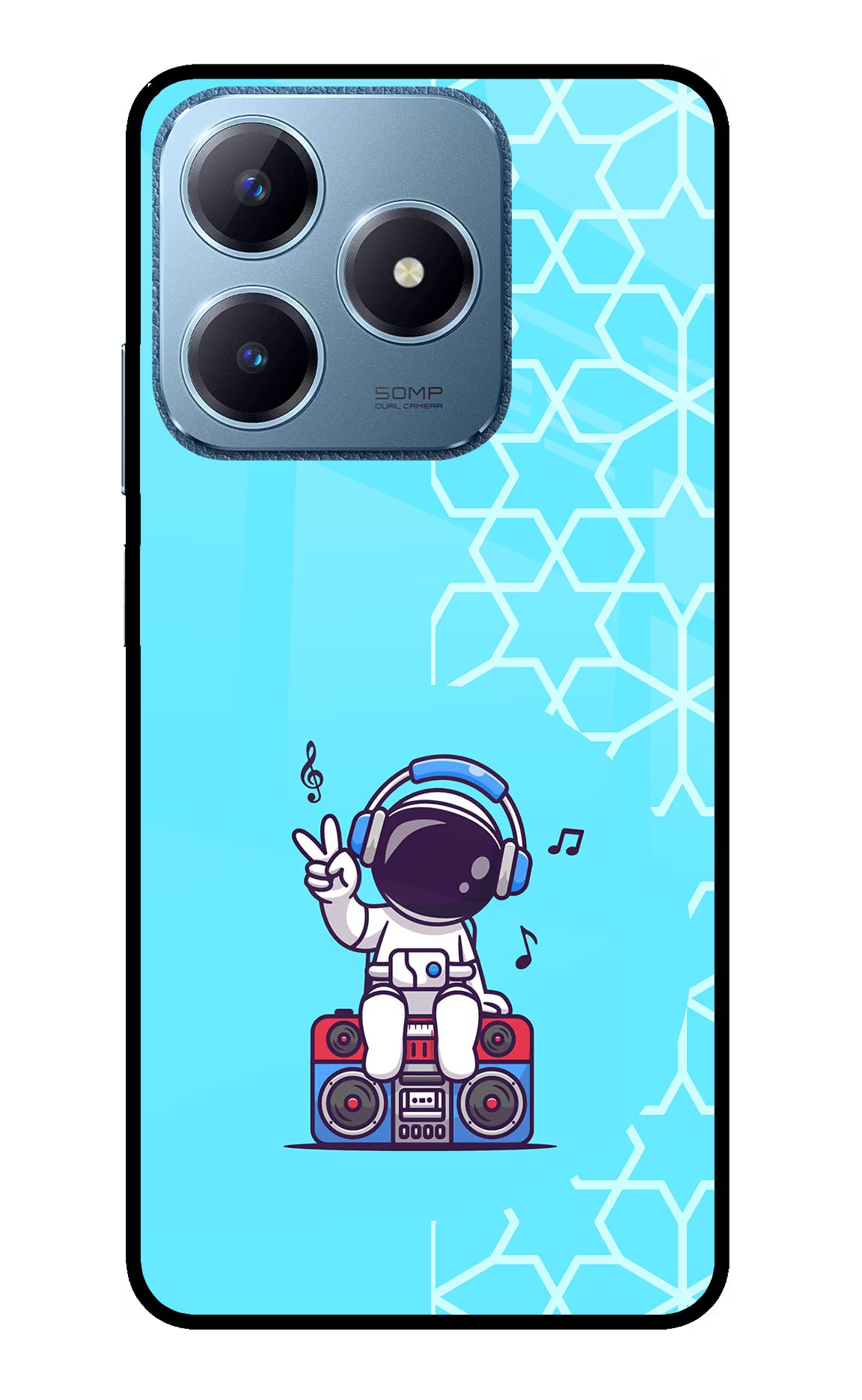 Cute Astronaut Chilling Realme C63 Glass Case Back Cover by Casekaro