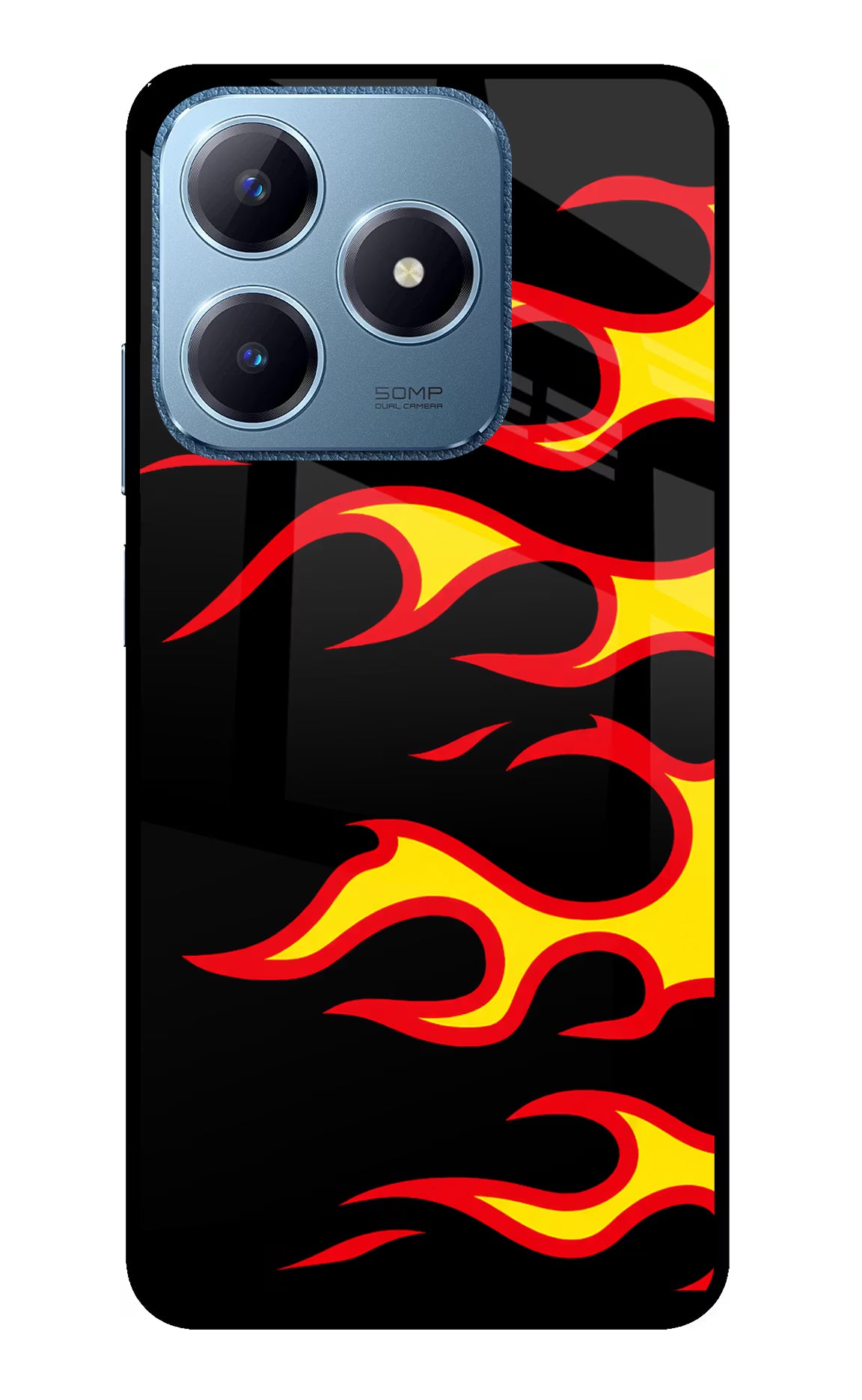 Side Sweep Flames Realme C63 Glass Case Back Cover by Casekaro