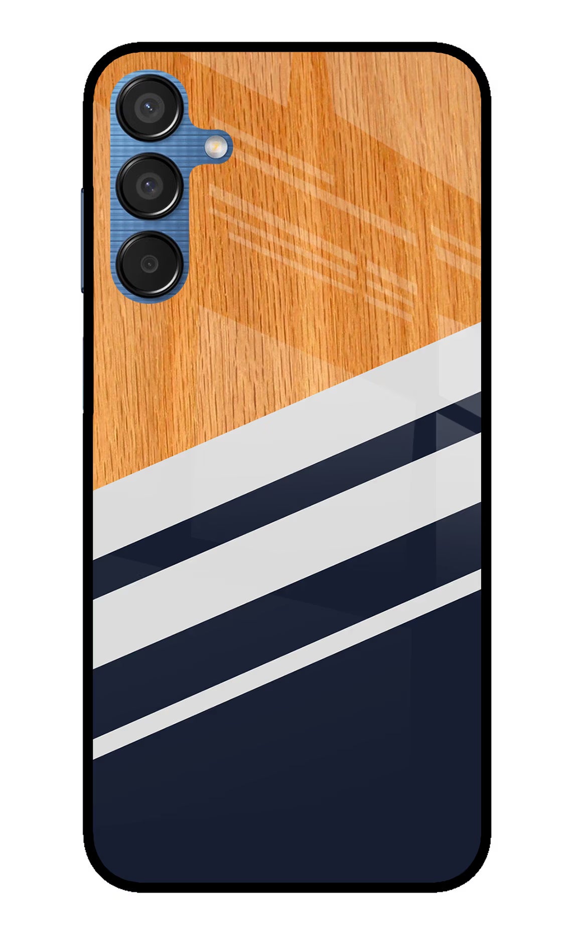 Blue and white wooden Samsung M15 5G Glass Case Back Cover by Casekaro
