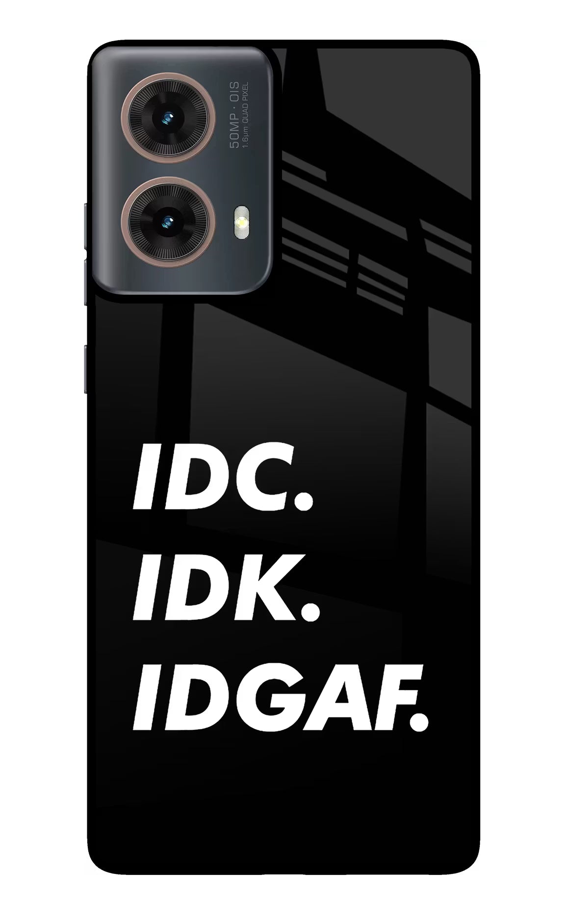 Idc Idk Idgaf Motorola G85 Glass Case Back Cover by Casekaro