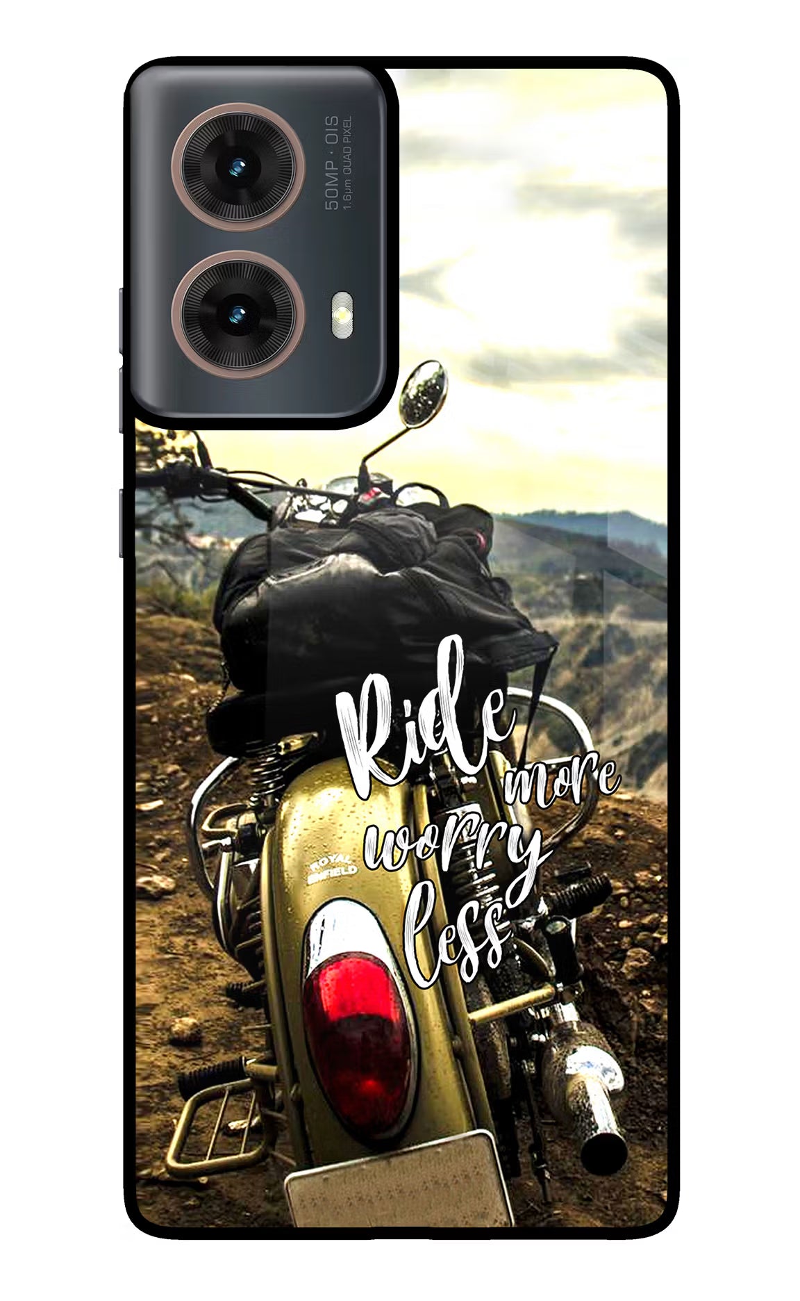 Ride More Worry Less Motorola G85 Glass Case Back Cover by Casekaro