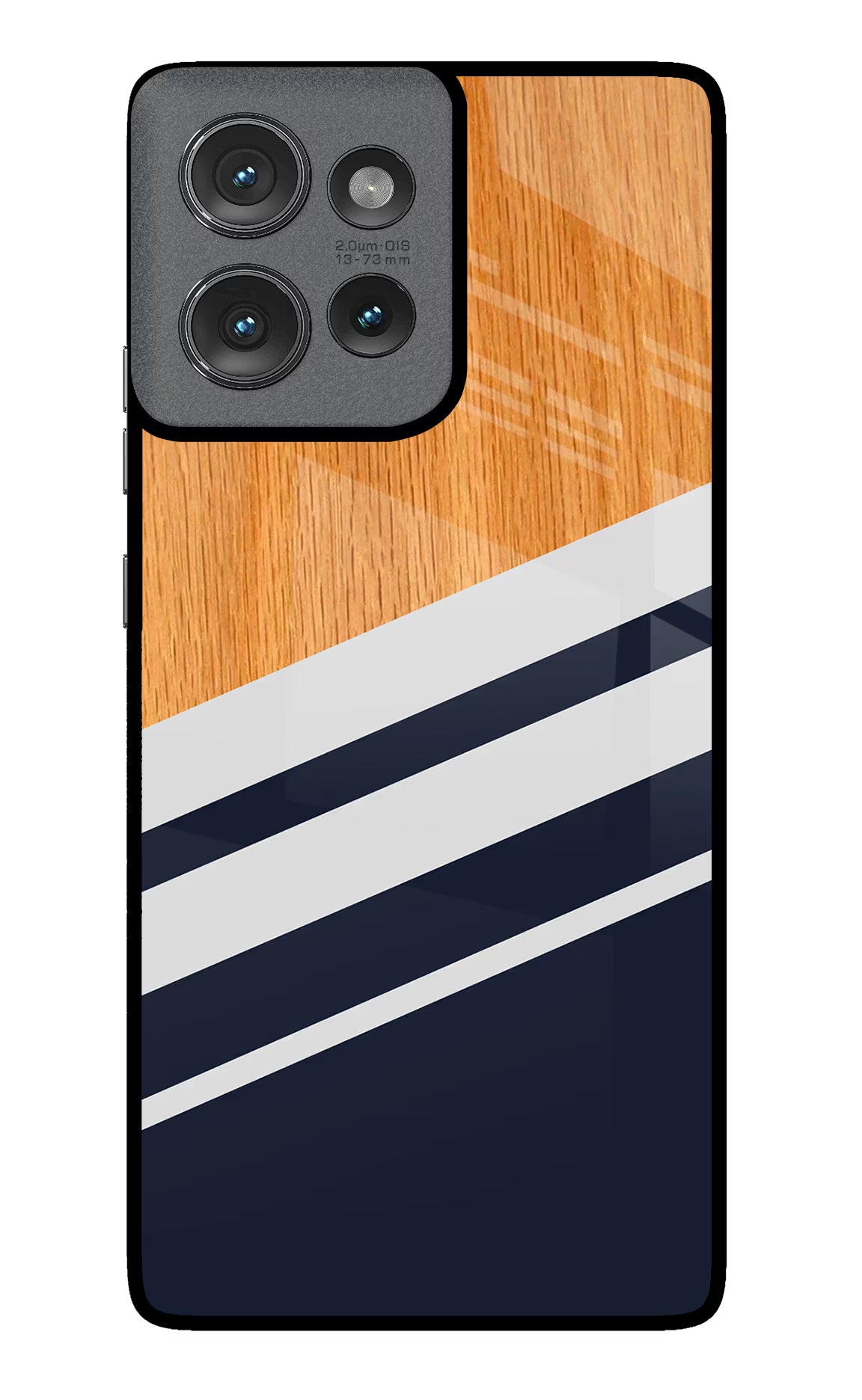 Blue and white wooden Moto Edge 50 Glass Case
