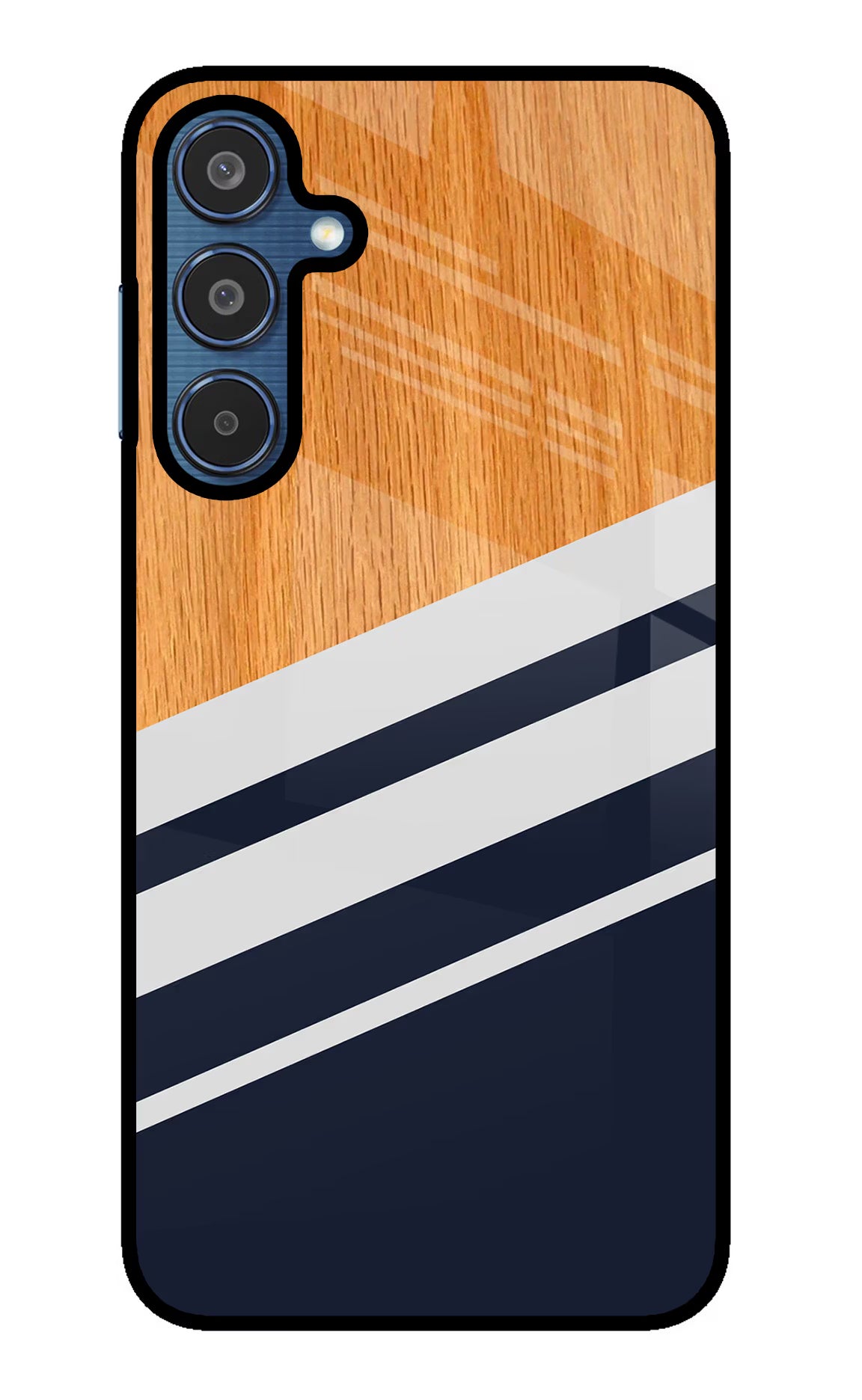Blue and white wooden Samsung M35 5G Glass Case Back Cover by Casekaro