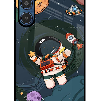 Cartoon Astronaut Samsung M35 5G Glass Case Back Cover by Casekaro