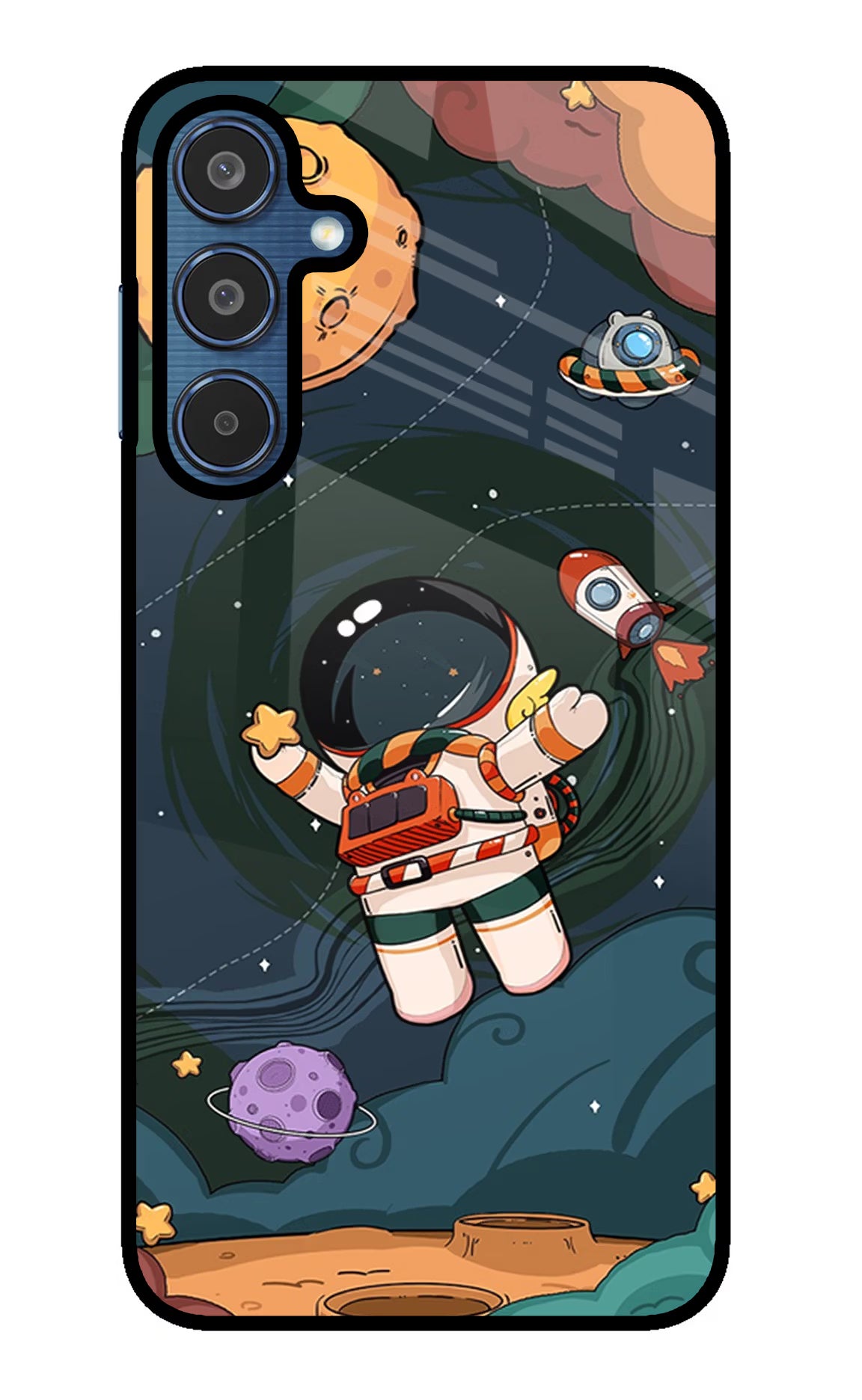 Cartoon Astronaut Samsung M35 5G Glass Case Back Cover by Casekaro
