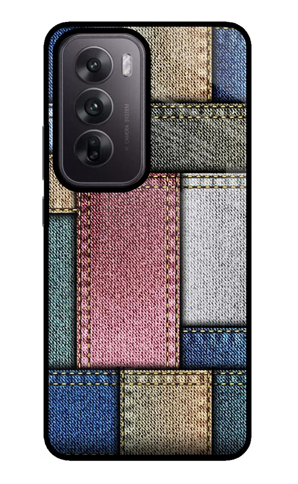 Multicolor Jeans Oppo Reno12 5G Glass Case Back Cover by Casekaro