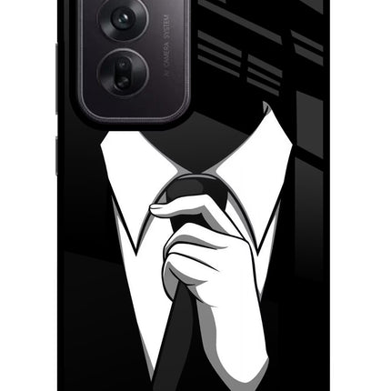 Black Tie Oppo Reno12 5G Glass Case Back Cover by Casekaro