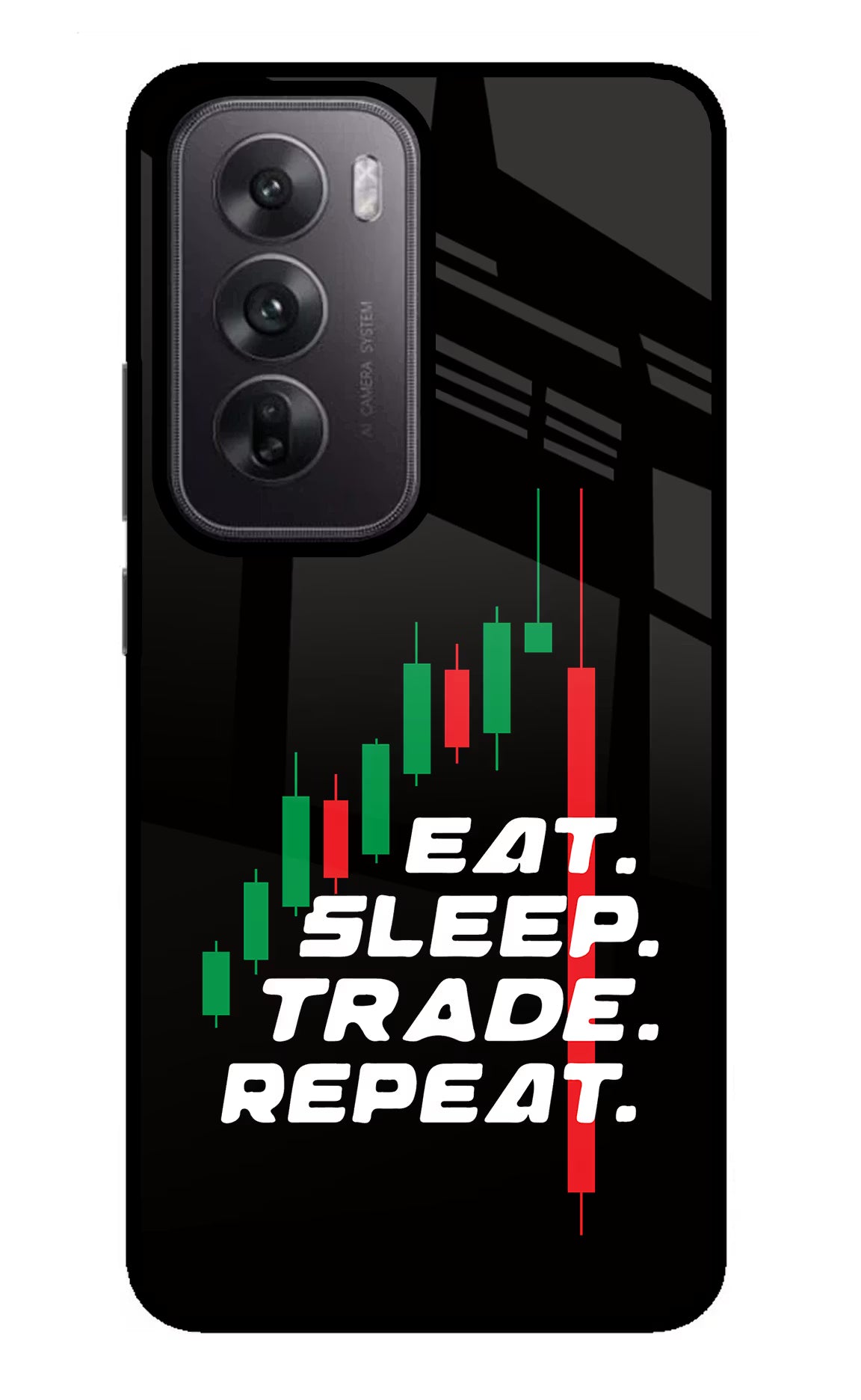 Eat Sleep Trade Repeat Oppo Reno12 5G Glass Case Back Cover by Casekaro