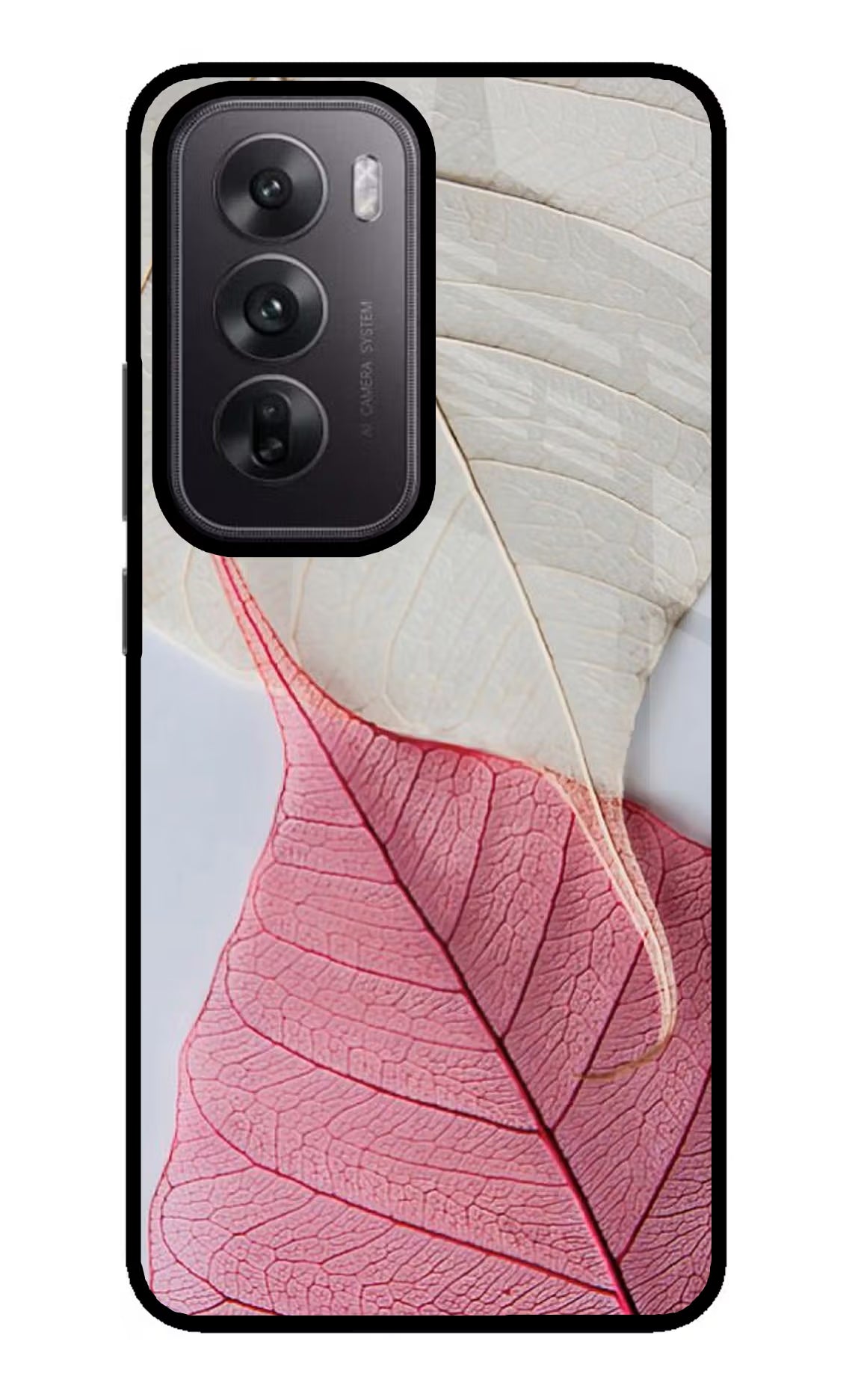 White Pink Leaf Oppo Reno12 5G Glass Case Back Cover by Casekaro