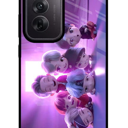 BTS Chibi Oppo Reno12 5G Glass Case Back Cover by Casekaro