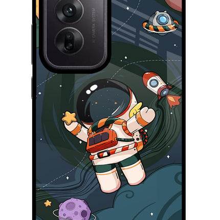 Cartoon Astronaut Oppo Reno12 5G Glass Case Back Cover by Casekaro