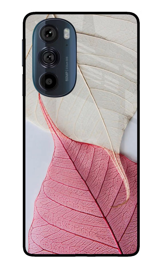 White Pink Leaf Moto Edge 30 Pro Glass Case Back Cover by Casekaro