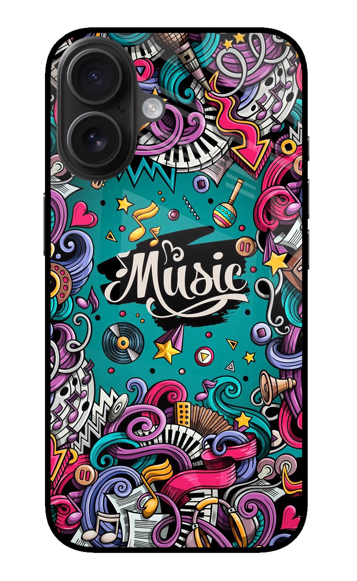 Music Graffiti iPhone 16 Glass Case Back Cover by Casekaro