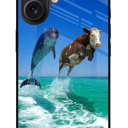 Dolphin vs Cow iPhone 16 Glass Case Back Cover by Casekaro