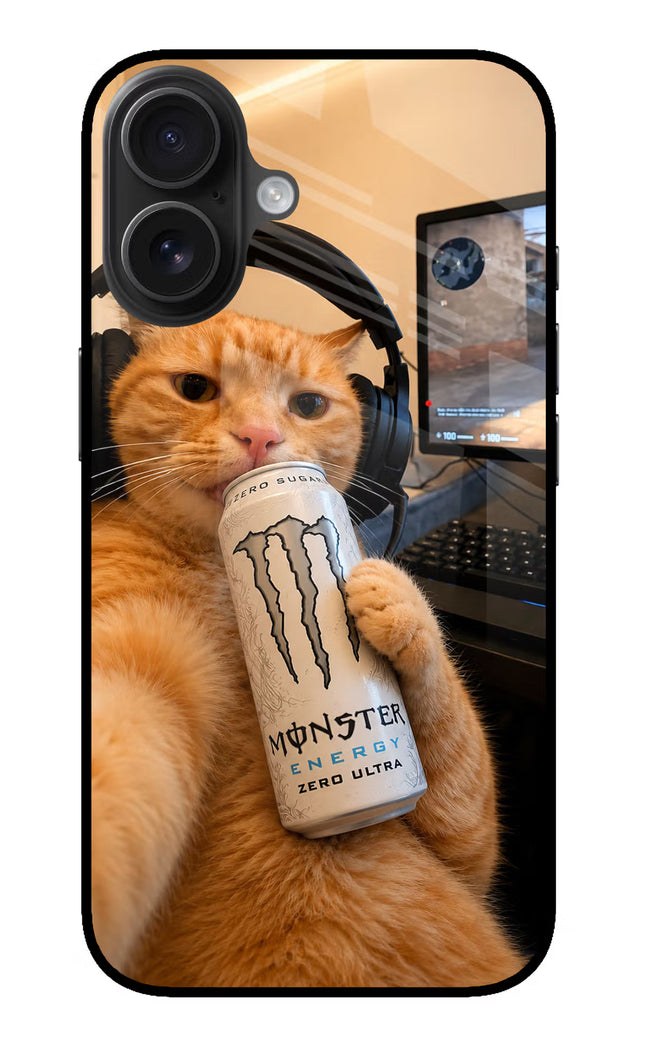 Gamer Cat Energy iPhone 16 Glass Case