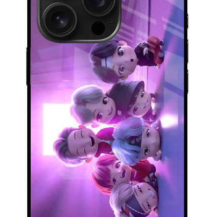 BTS Chibi iPhone 16 Pro Glass Case Back Cover by Casekaro