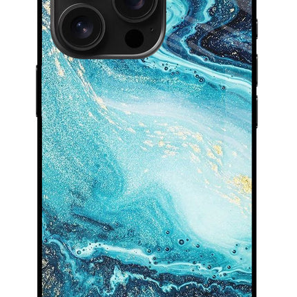Blue Glitter Marble iPhone 16 Pro Glass Case Back Cover by Casekaro