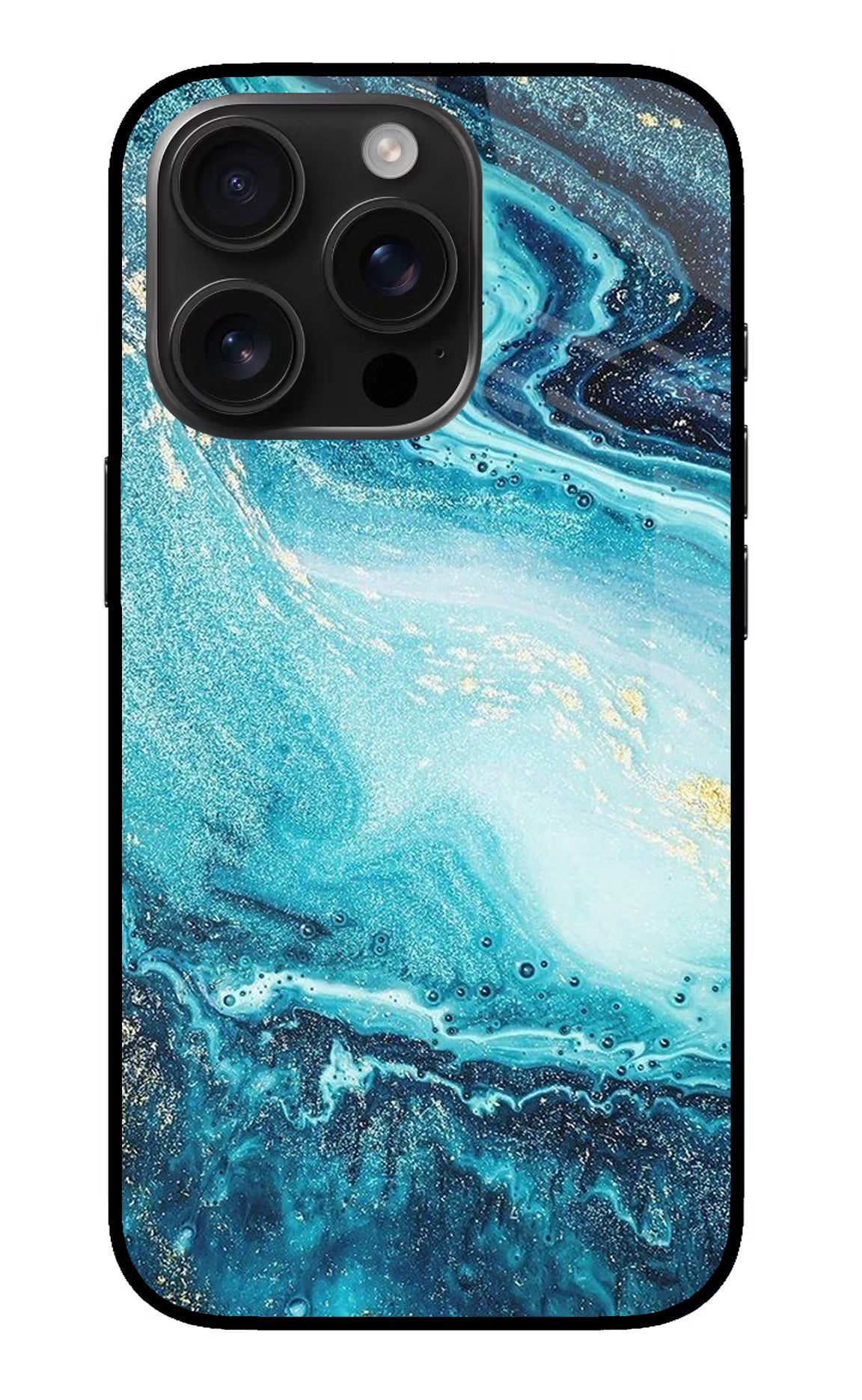 Blue Glitter Marble iPhone 16 Pro Glass Case Back Cover by Casekaro
