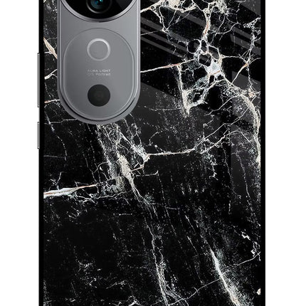 Black Marble Texture Vivo V40 5G Glass Case Back Cover by Casekaro