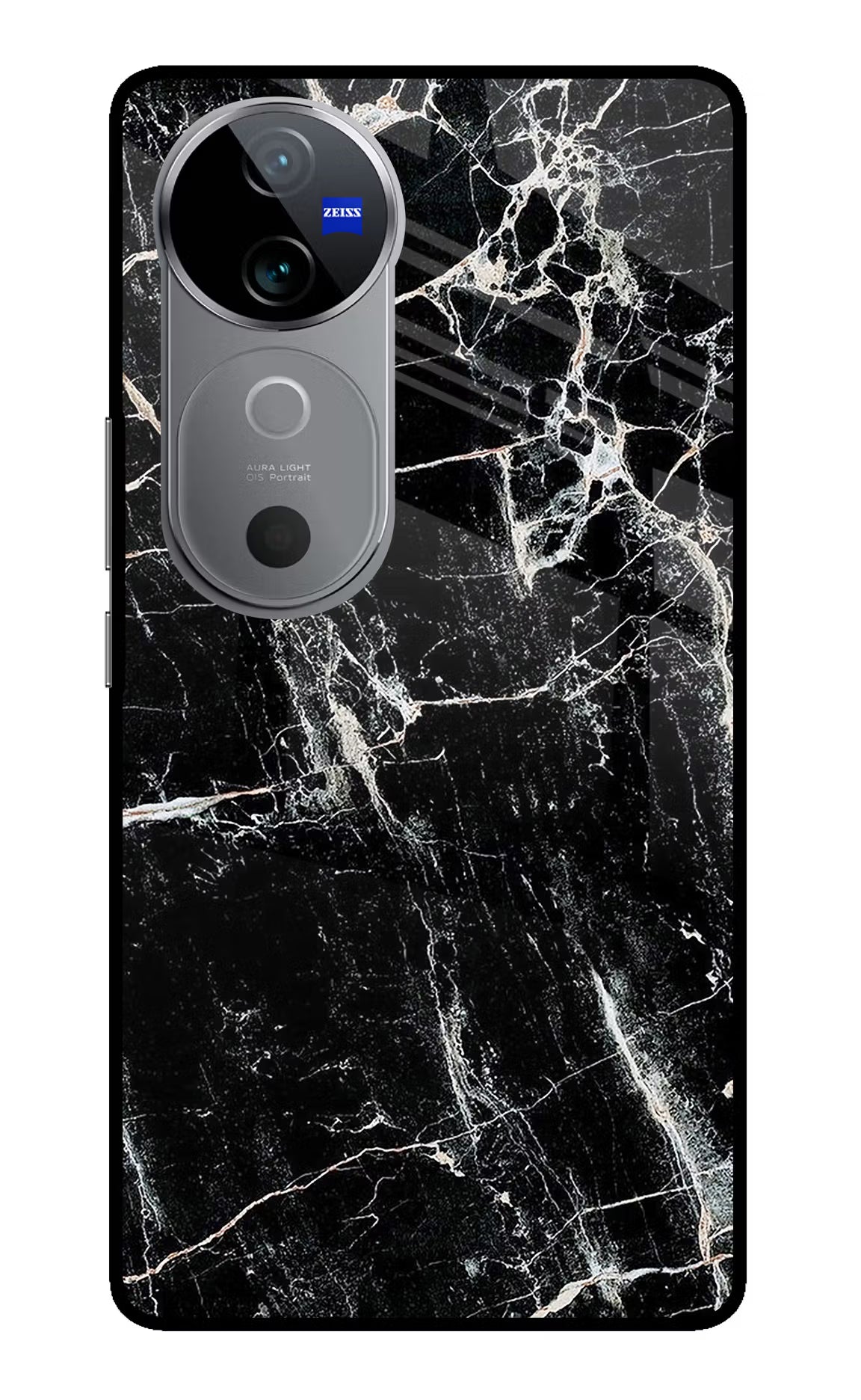 Black Marble Texture Vivo V40 5G Glass Case Back Cover by Casekaro