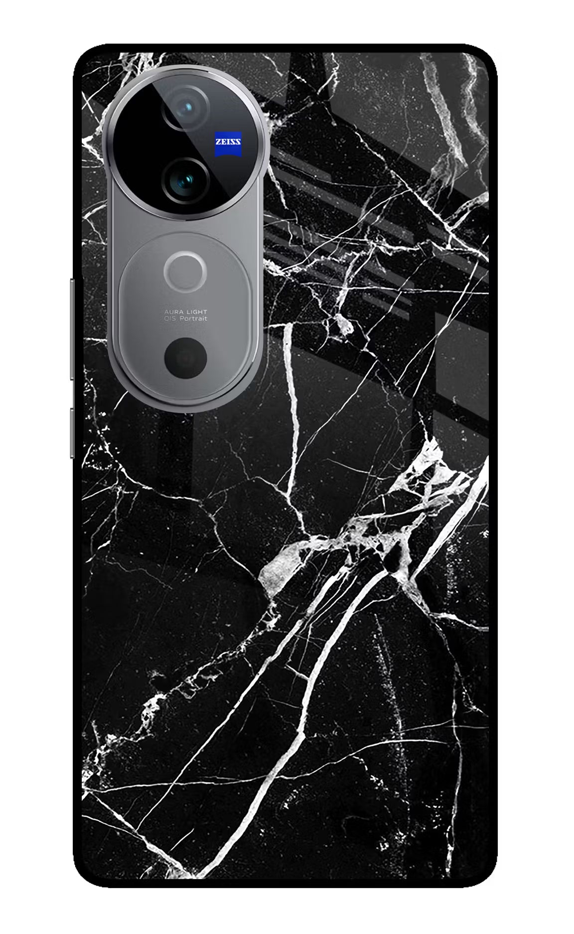 Black Marble Pattern Vivo V40 5G Glass Case Back Cover by Casekaro