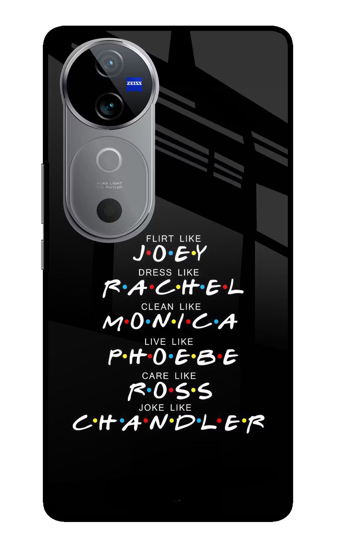 FRIENDS Character Vivo V40 5G Glass Case Back Cover by Casekaro