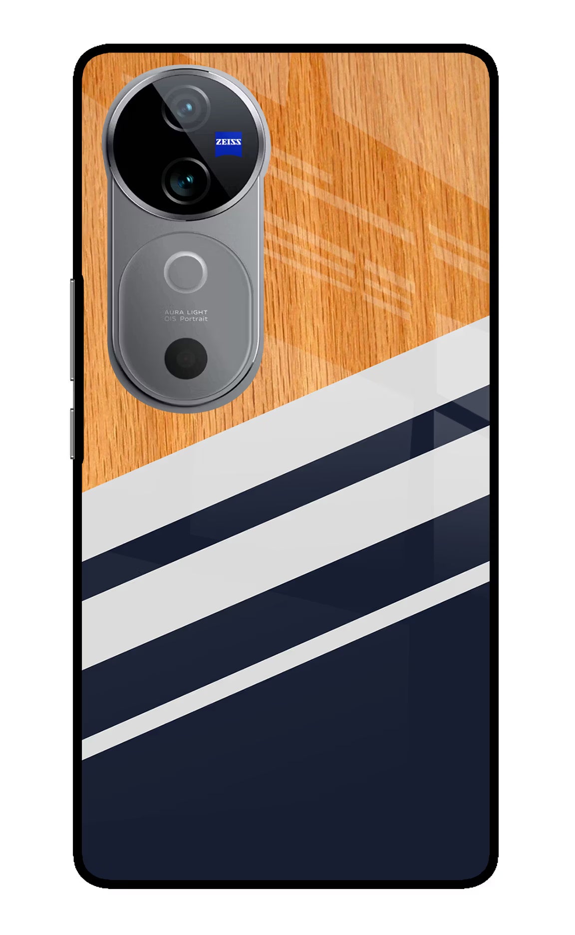 Blue and white wooden Vivo V40 5G Glass Case Back Cover by Casekaro