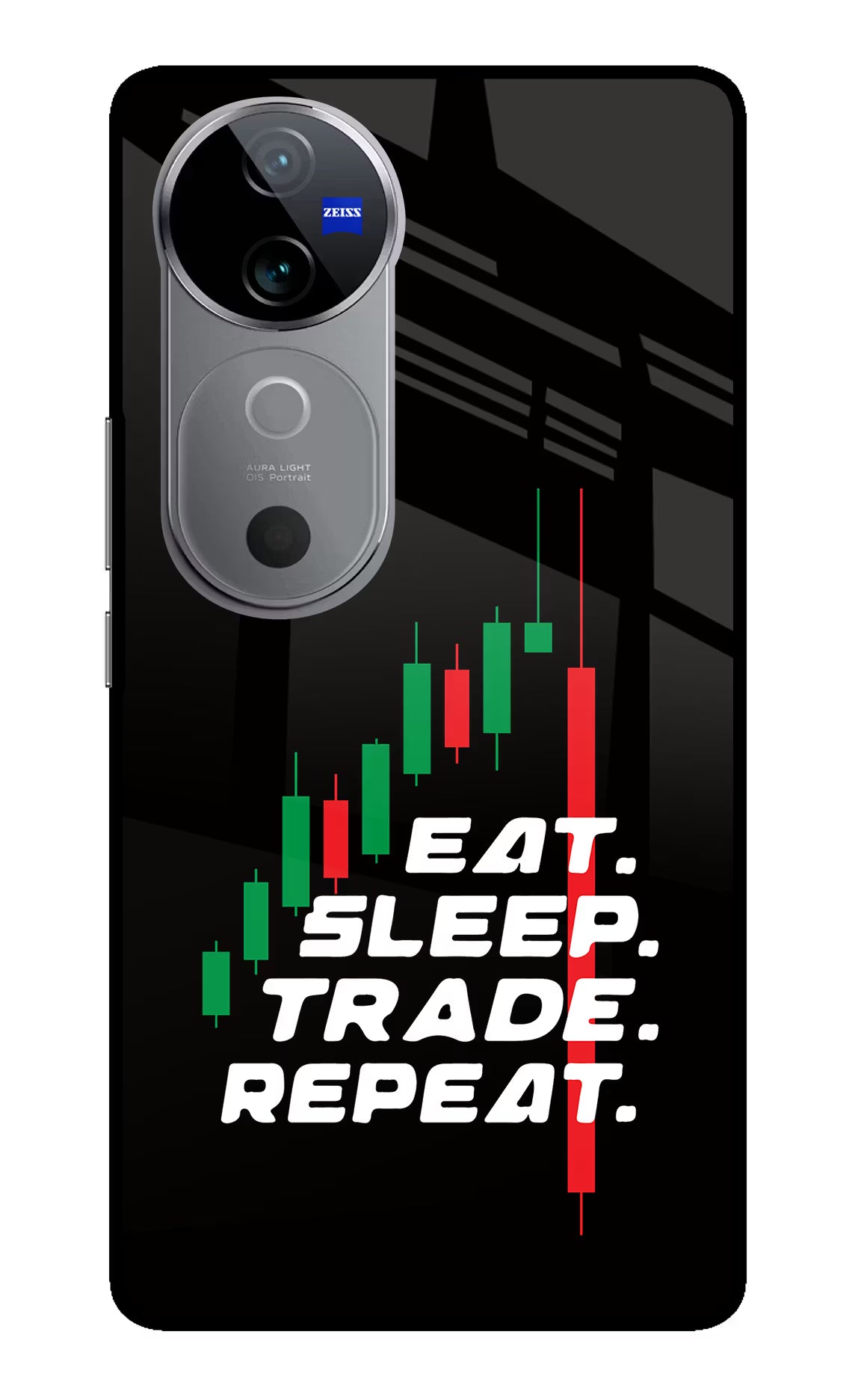 Eat Sleep Trade Repeat Vivo V40 5G Glass Case Back Cover by Casekaro