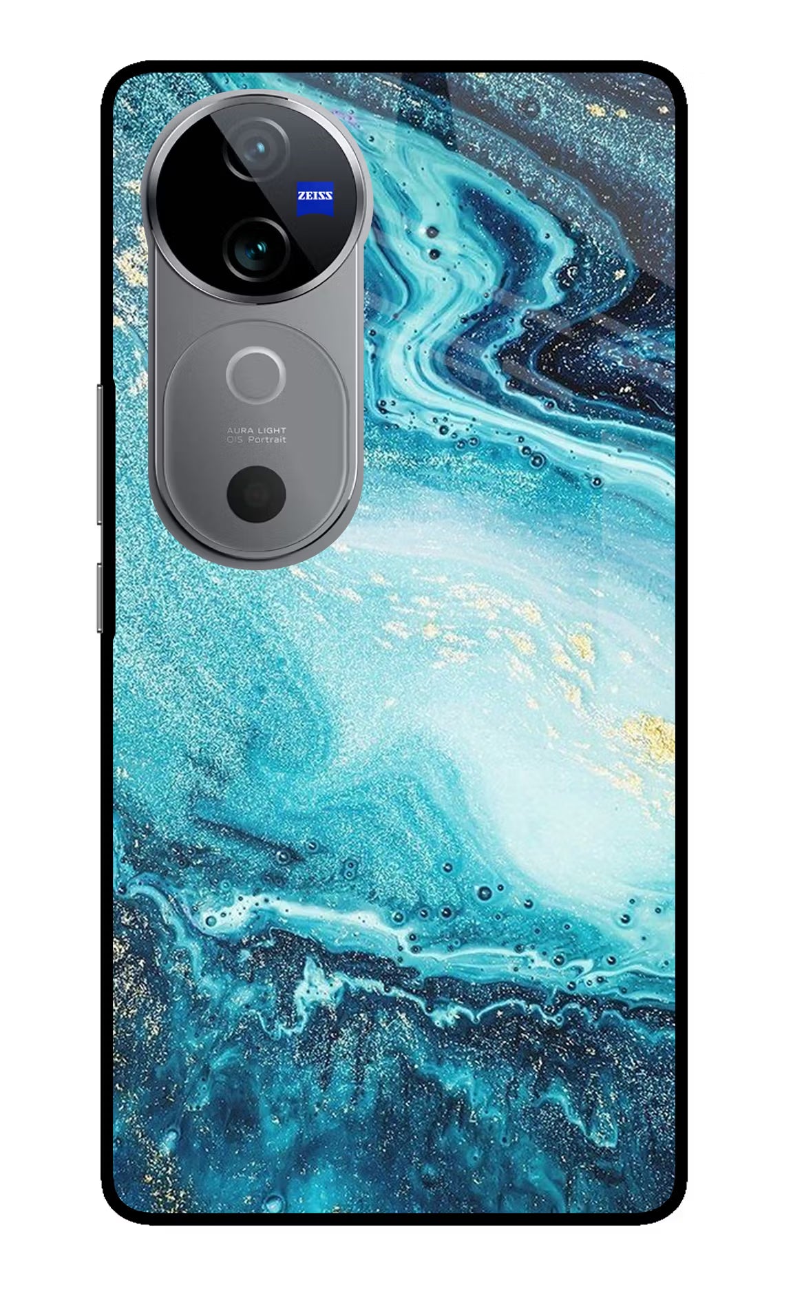 Blue Glitter Marble Vivo V40 5G Glass Case Back Cover by Casekaro