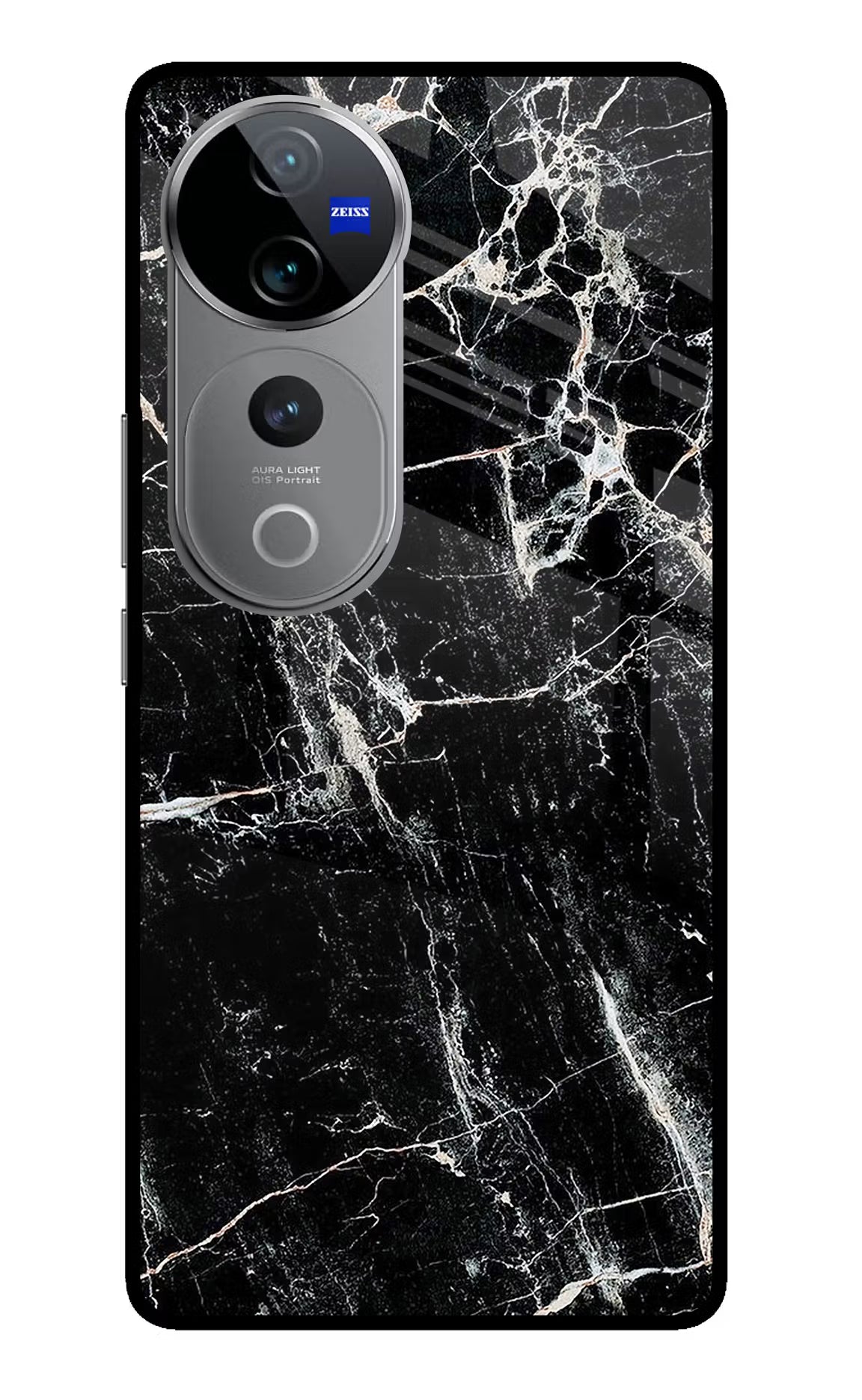Black Marble Texture Vivo V40 Pro 5G Glass Case Back Cover by Casekaro