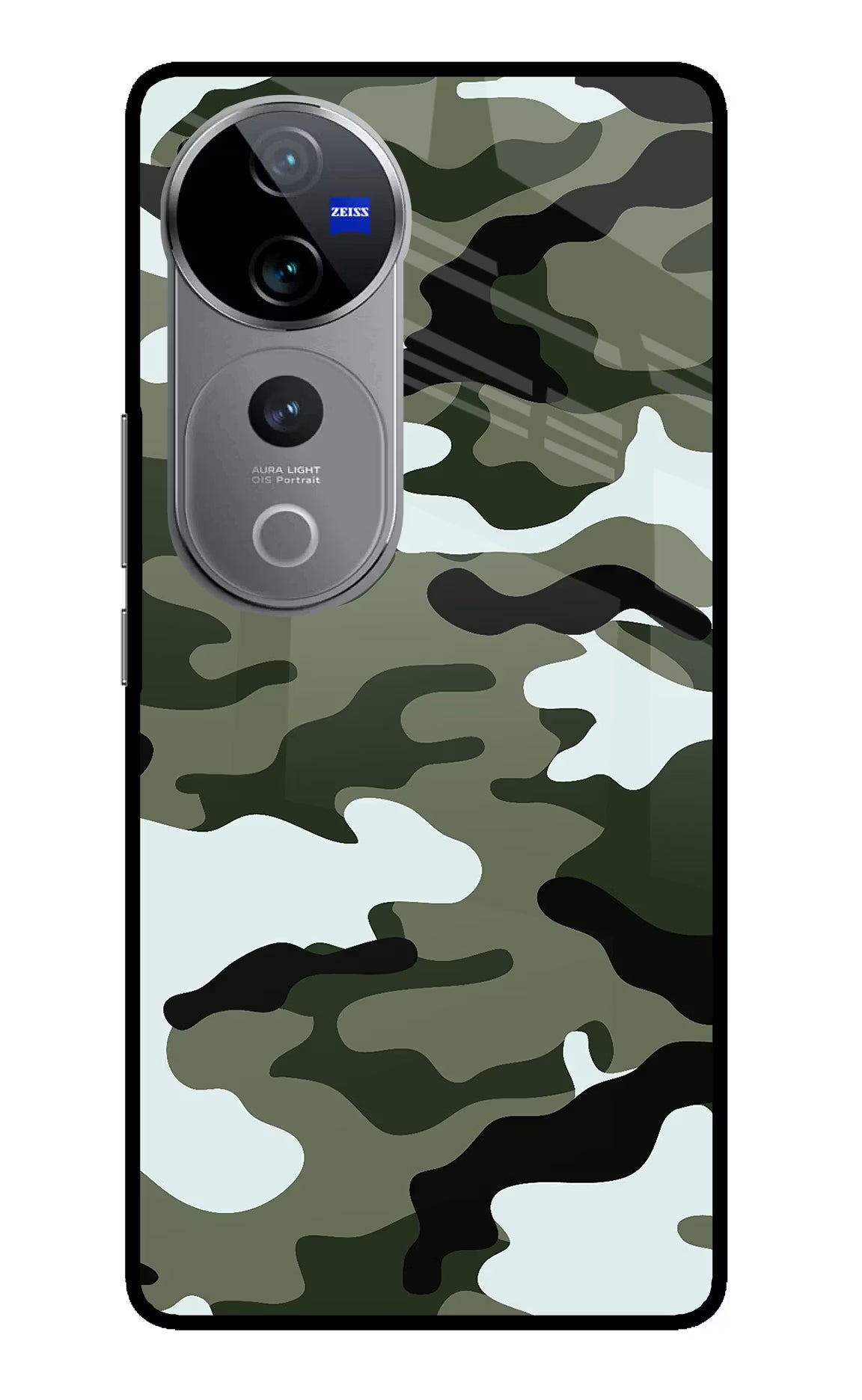Camouflage Vivo V40 Pro 5G Glass Case Back Cover by Casekaro