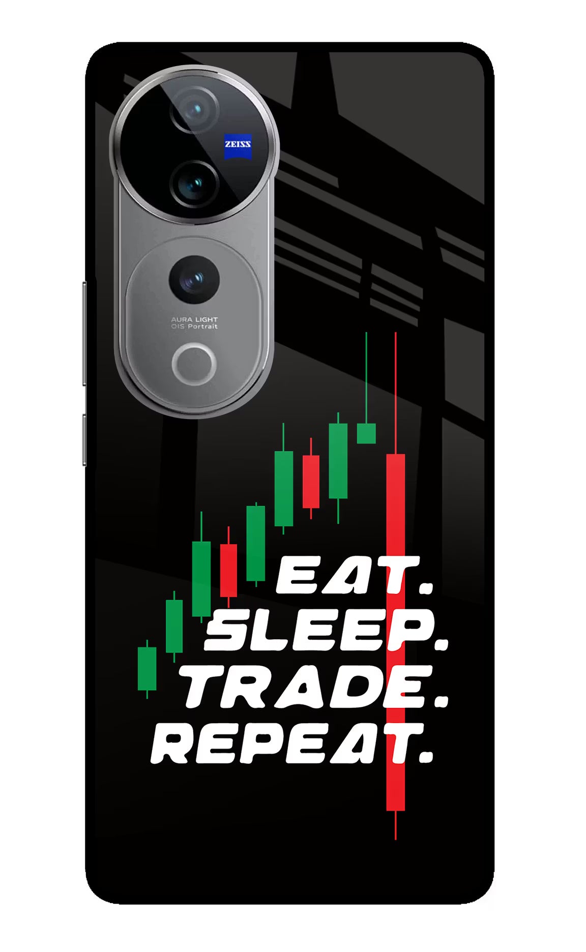 Eat Sleep Trade Repeat Vivo V40 Pro 5G Glass Case Back Cover by Casekaro