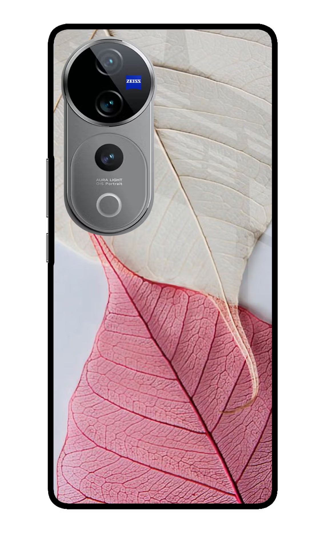 White Pink Leaf Vivo V40 Pro 5G Glass Case Back Cover by Casekaro