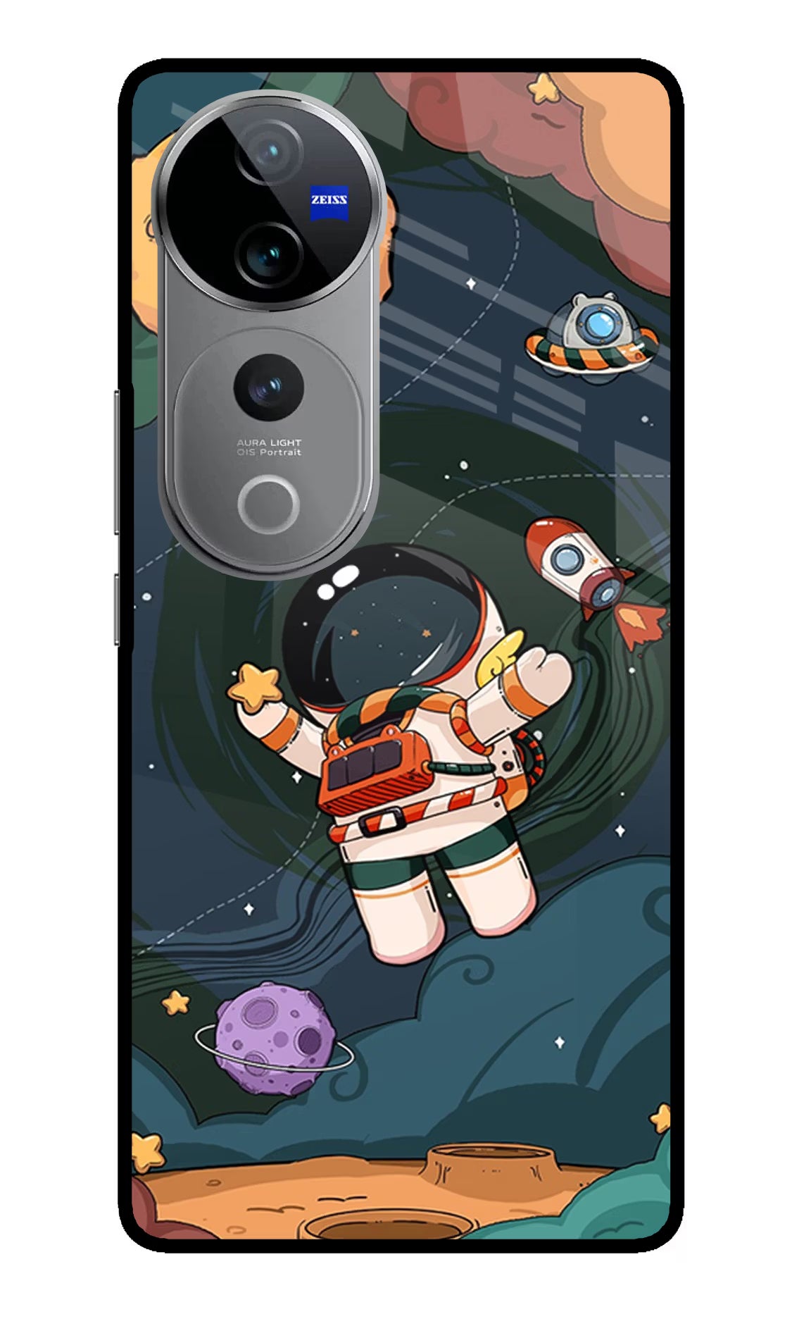 Cartoon Astronaut Vivo V40 Pro 5G Glass Case Back Cover by Casekaro