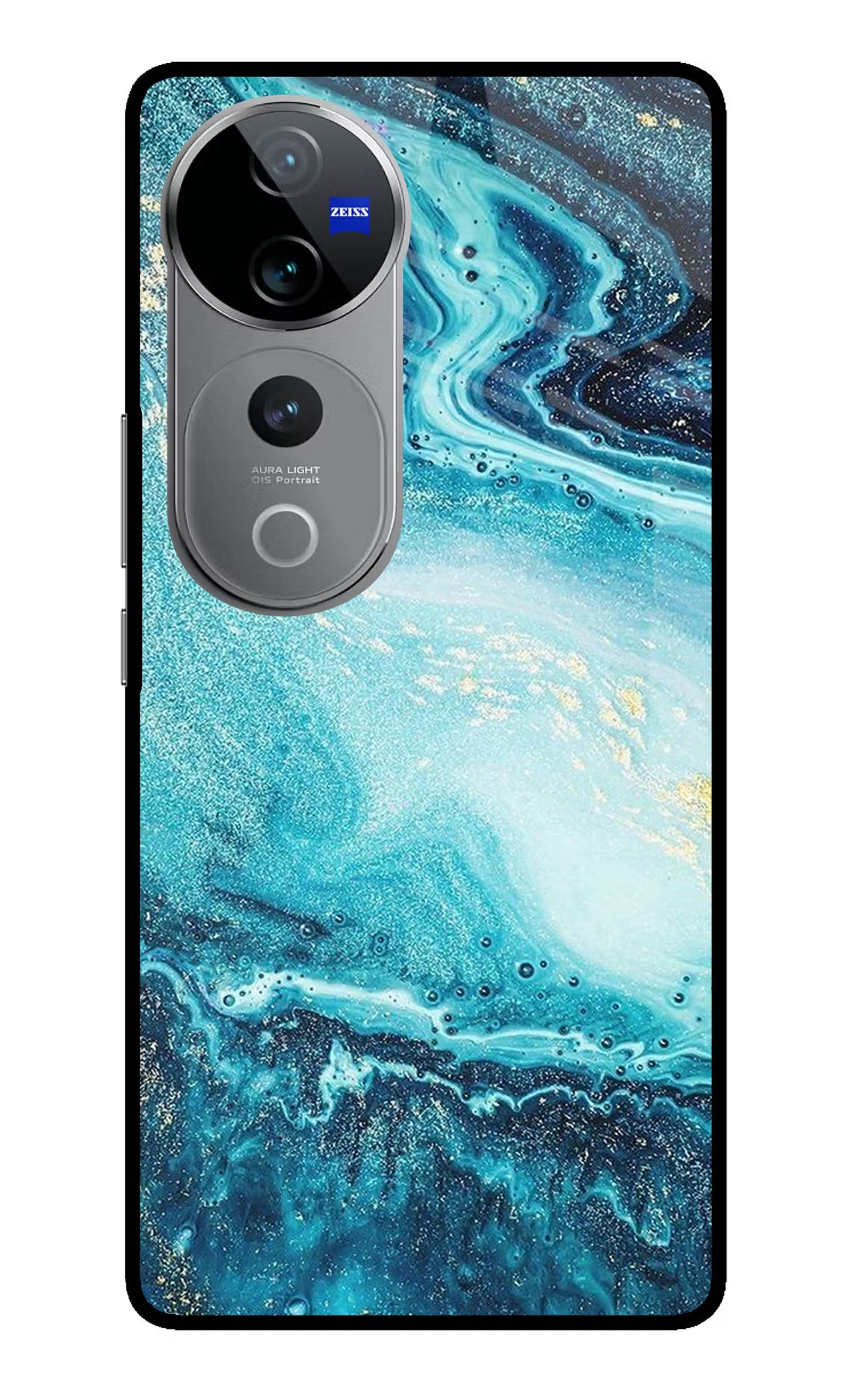 Blue Glitter Marble Vivo V40 Pro 5G Glass Case Back Cover by Casekaro