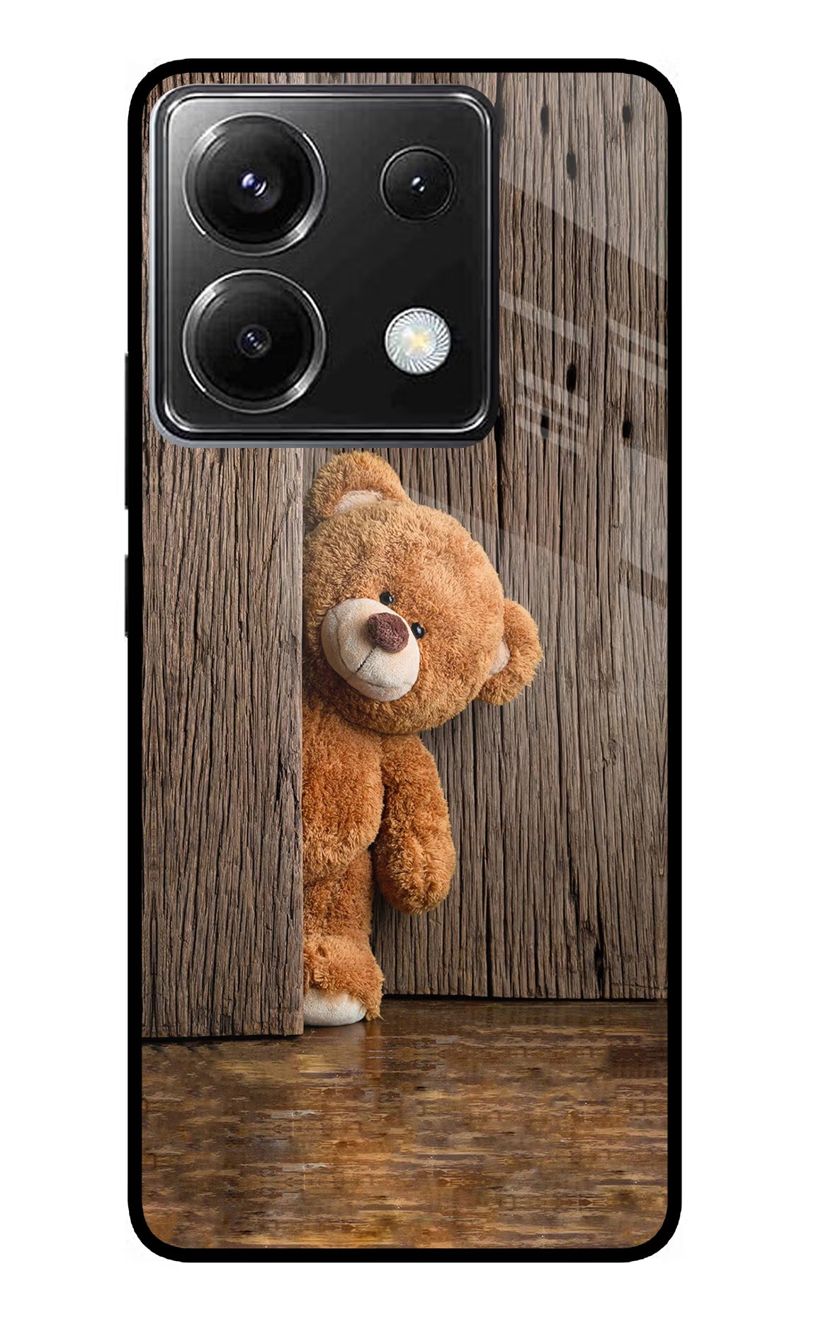 Teddy Wooden Poco X6 Glass Case Back Cover by Casekaro