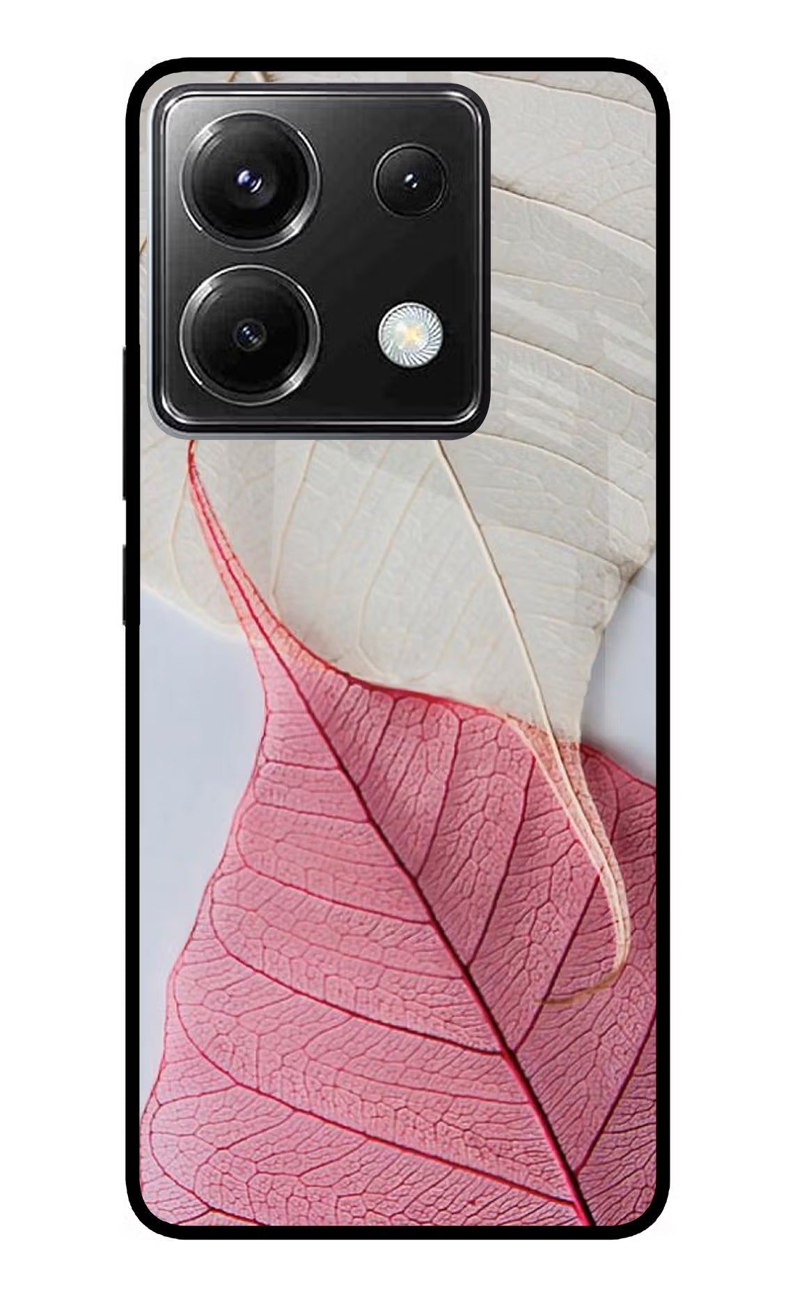 White Pink Leaf Poco X6 Glass Case Back Cover by Casekaro